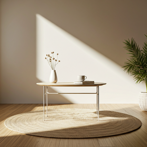 Cozy living room lifestyle scene with coffee table and sunlight